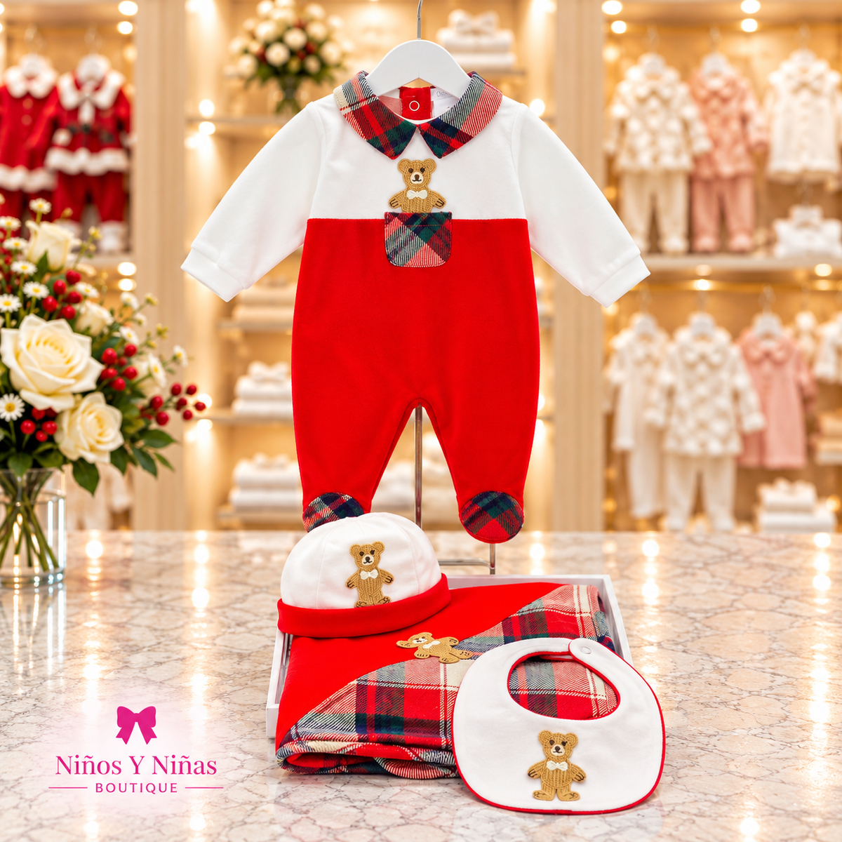 Deolinda Christmas boys red tartan babygrow with matching accessories in the Niños Y Niñas boutique style