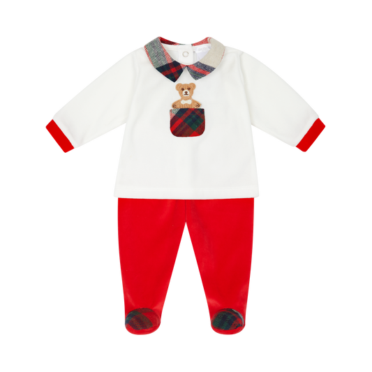 Deolinda Christmas boys cream and red teddy trouser set with tartan collar