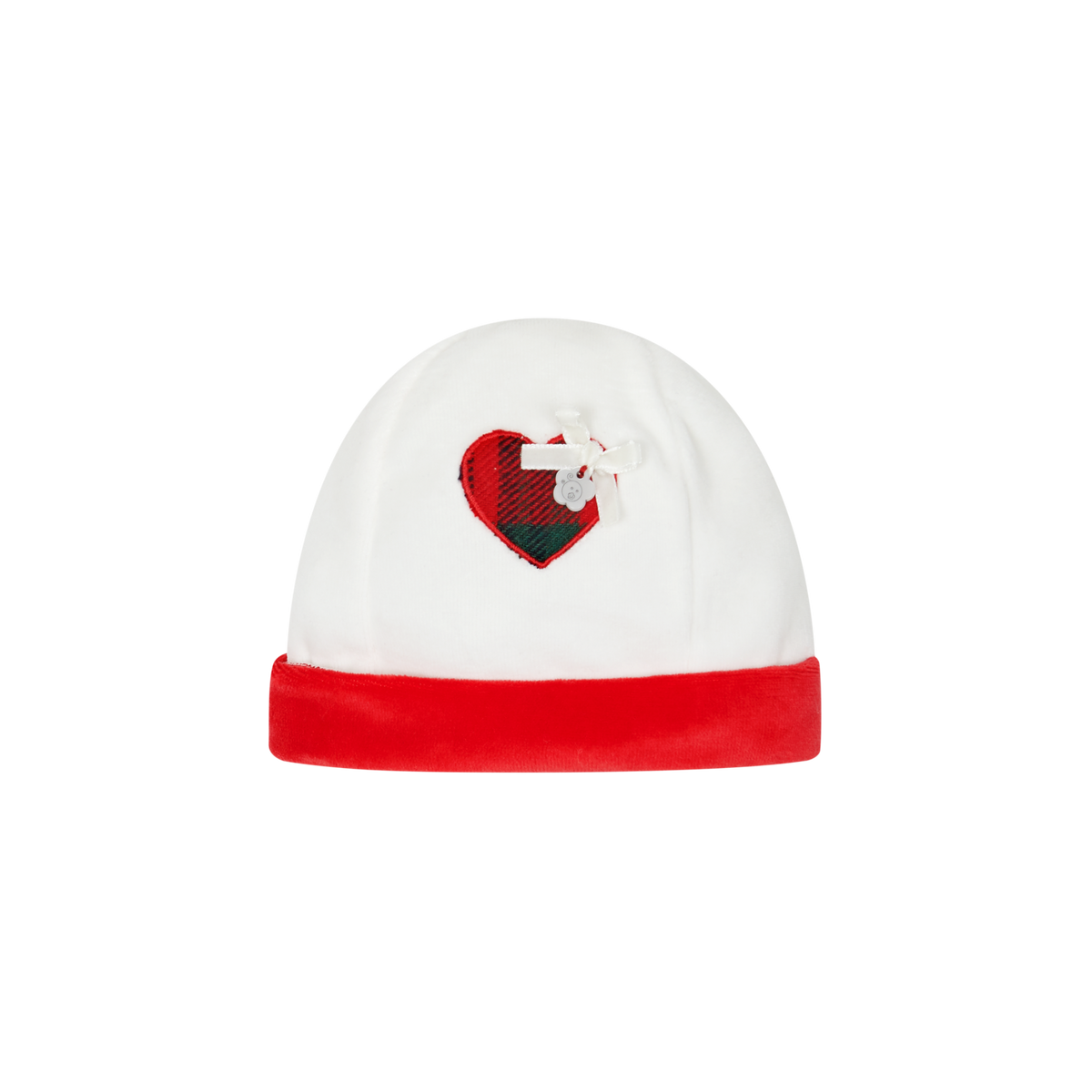 Deolinda Christmas girls ivory velour baby hat with red cuff and tartan heart appliqué