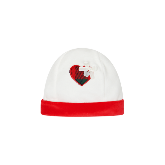 Deolinda Christmas girls ivory velour baby hat with red cuff and tartan heart appliqué