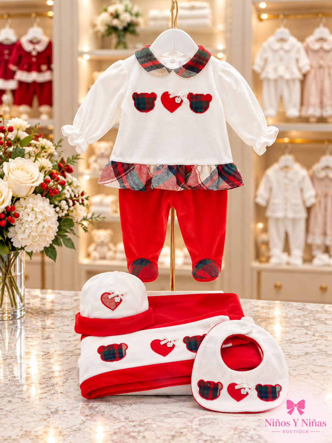 Deolinda Christmas girls red tartan teddy trouser set with matching accessories in the Niños Y Niñas boutique style