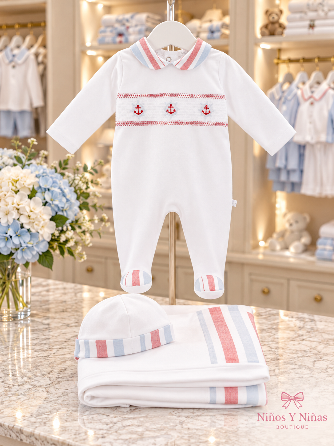 Deolinda Copacabana boys white nautical smocked babygrow in the Niños Y Niñas boutique style