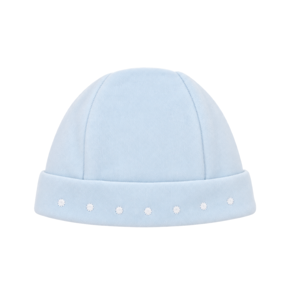 Deolinda Fantasy boys pale blue velour hat with white embroidered dot trim