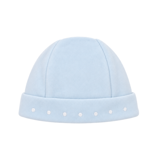 Deolinda Fantasy boys pale blue velour hat with white embroidered dot trim