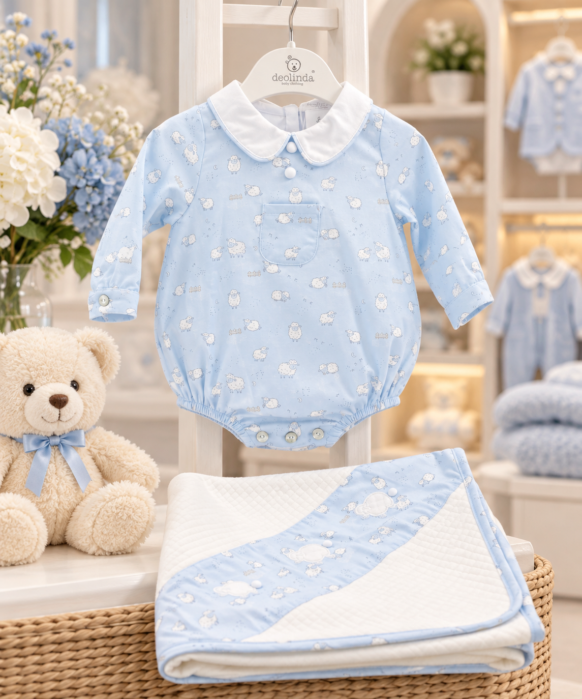 Deolinda Montana boys pale blue sheep romper with matching blanket in the Niños Y Niñas boutique style