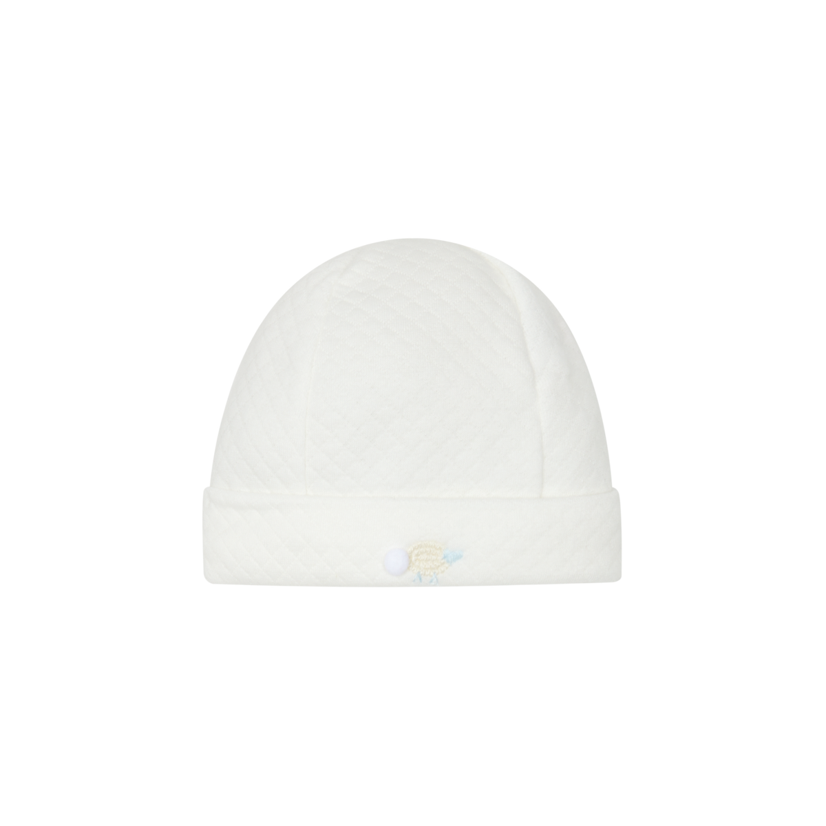 Deolinda Montana boys ivory quilted baby hat with sheep embroidery