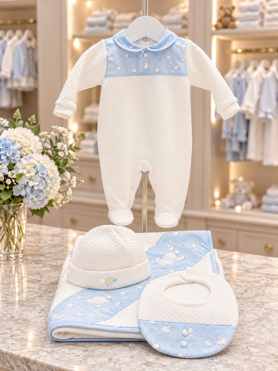 Deolinda Montana ivory and pale blue sheep baby bib with matching babygrow, blanket and hat in the Niños Y Niñas boutique style