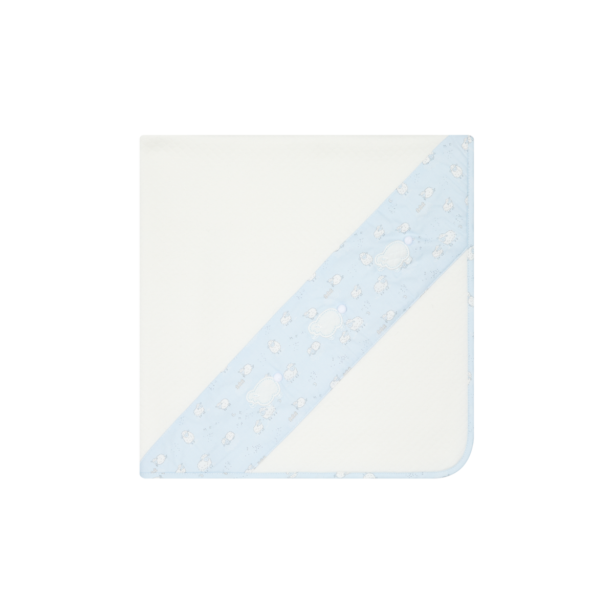 Deolinda Montana boys ivory quilted baby blanket with blue sheep print trim
