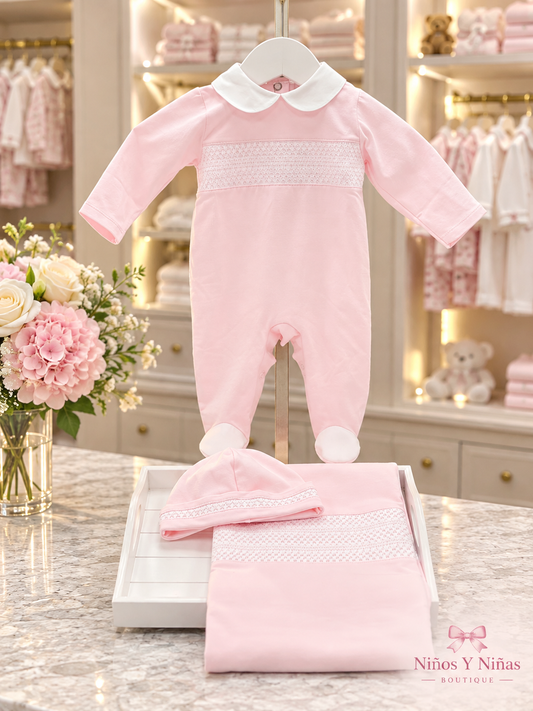 Deolinda Take Me Home pink cotton smocked three piece set in the Niños Y Niñas boutique style