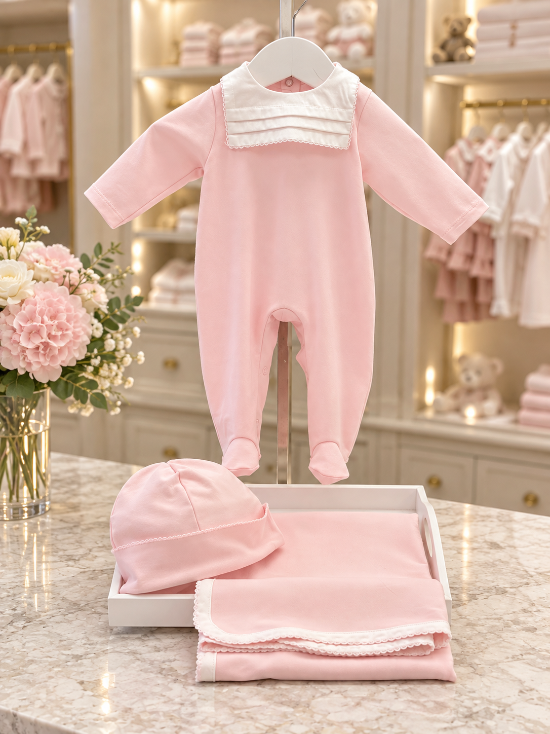Deolinda Take Me Home pink girls babygrow, hat and blanket in the Niños Y Niñas boutique style