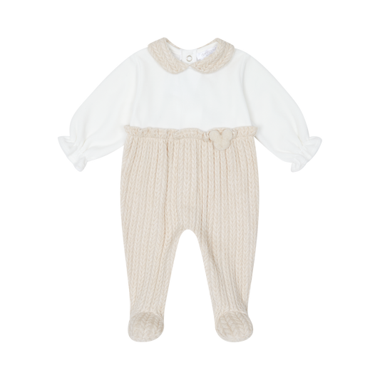 Deolinda Woody beige girls babygrow with textured knit-effect lower half and Peter Pan collar