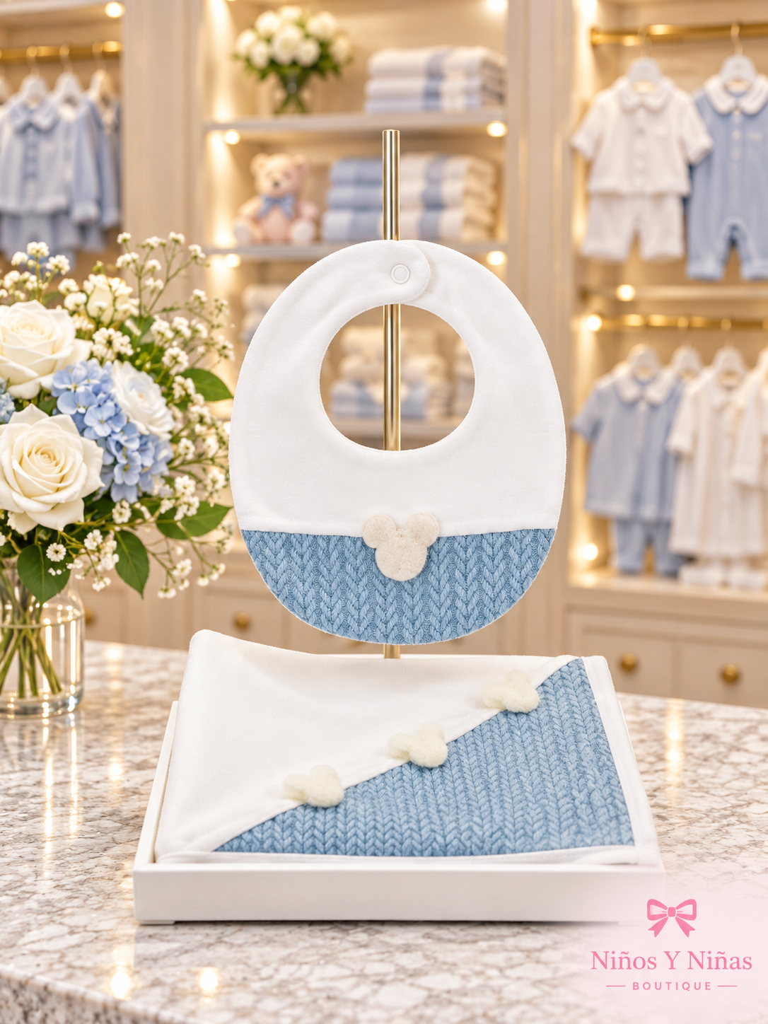 Deolinda Woody denim blue boys bib with matching blanket in the Niños Y Niñas boutique style
