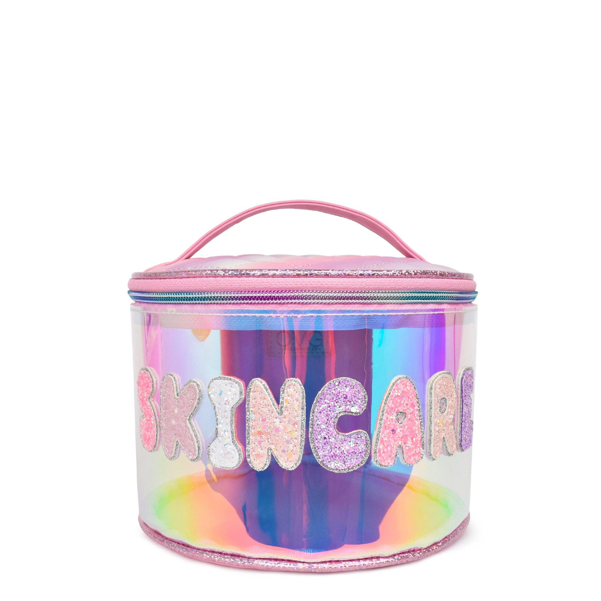 OMG Accessories Skincare blue iridescent round glam bag