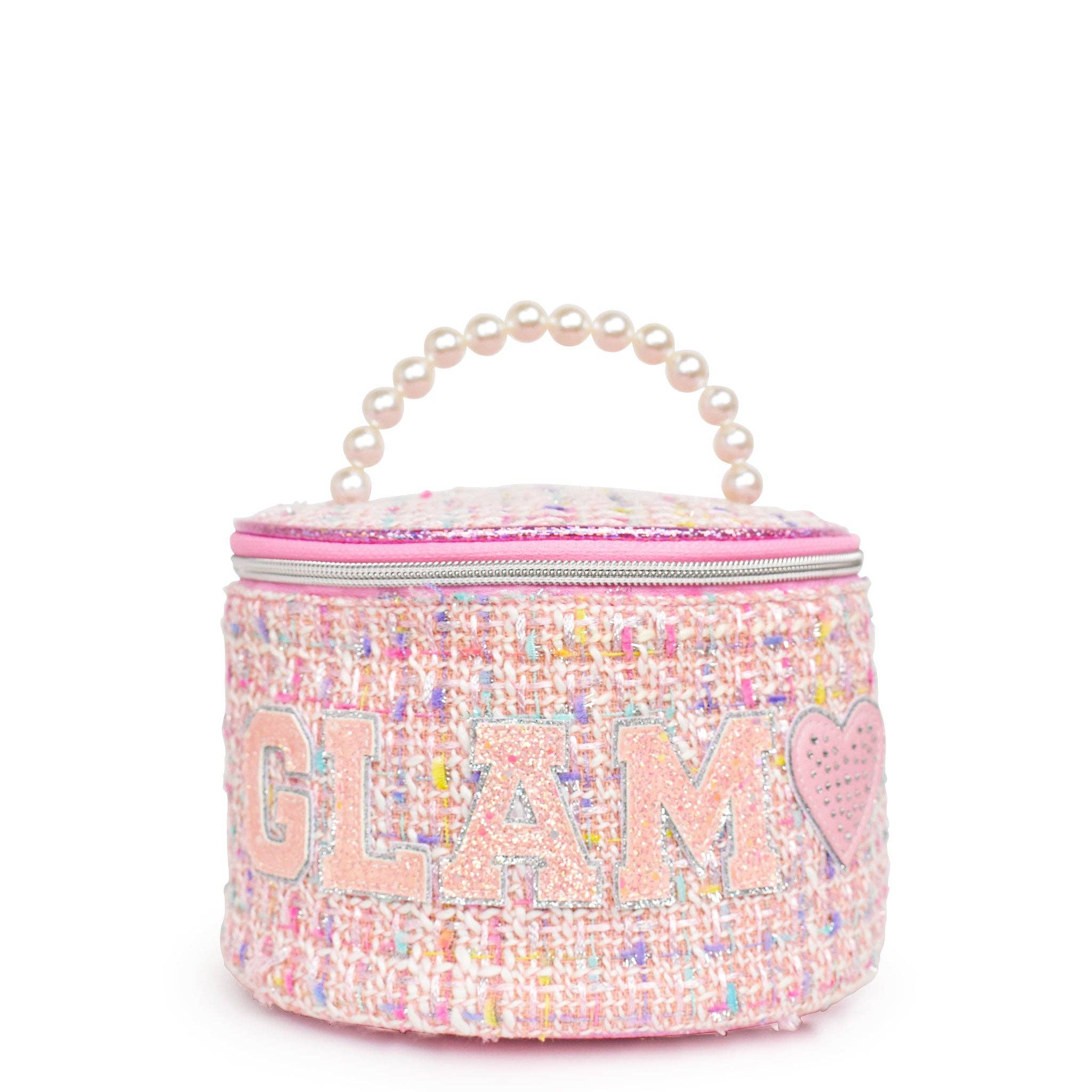 OMG Accessories Glam pink tweed pearl handle bag
