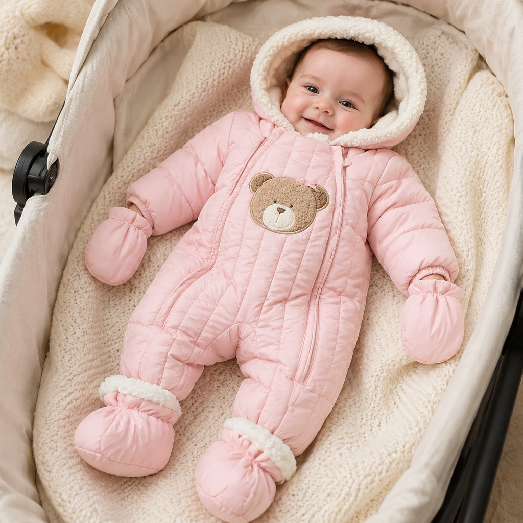 Baby girl wearing Mayoral pink padded teddy snowsuit with matching mittens and booties