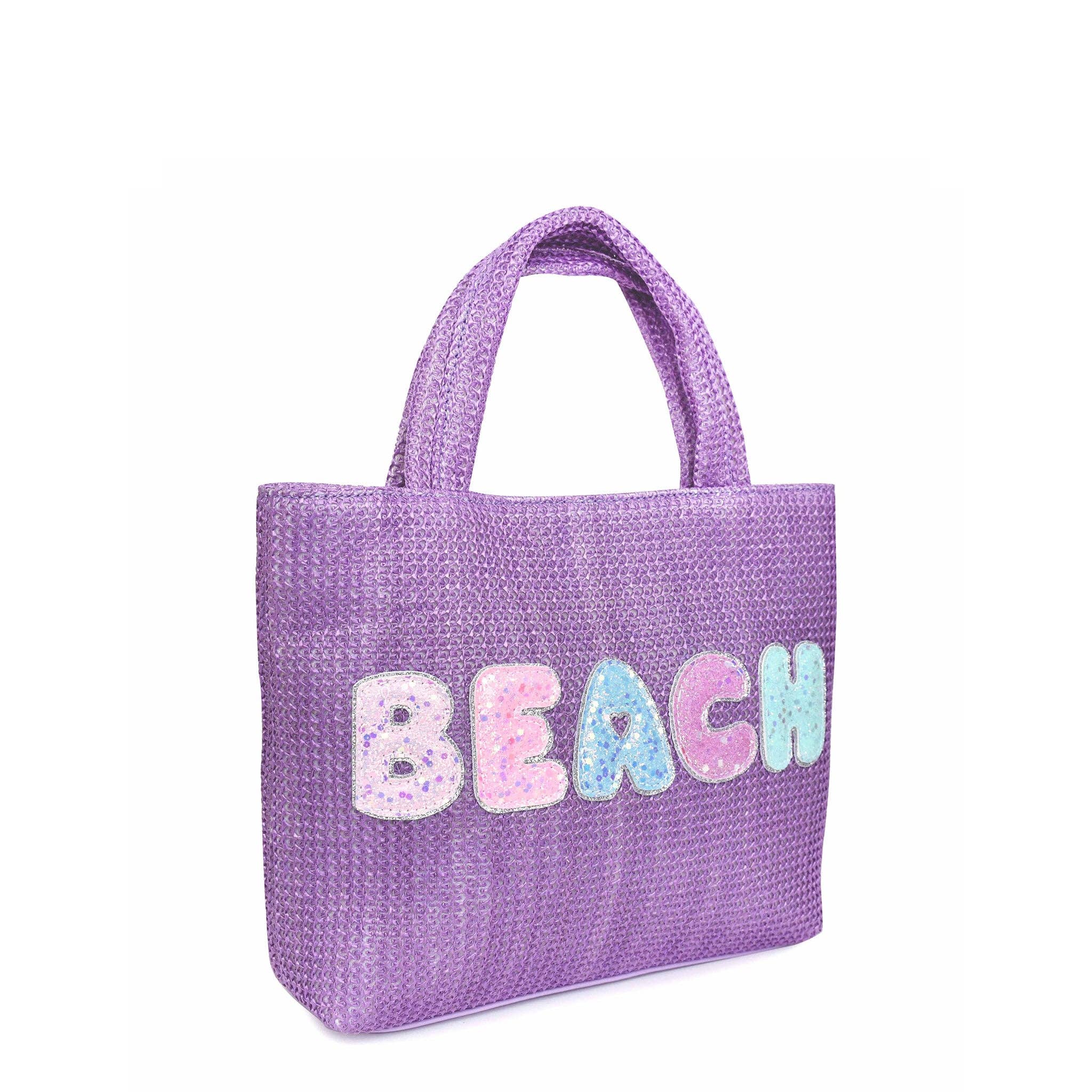 Detail view of OMG Accessories Beach purple mini straw tote bag