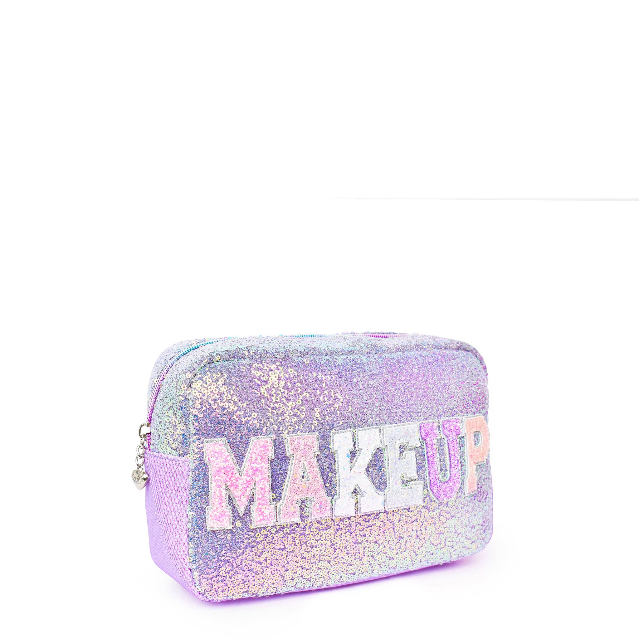 Detail view of OMG Accessories Makeup lavender sequin pouch