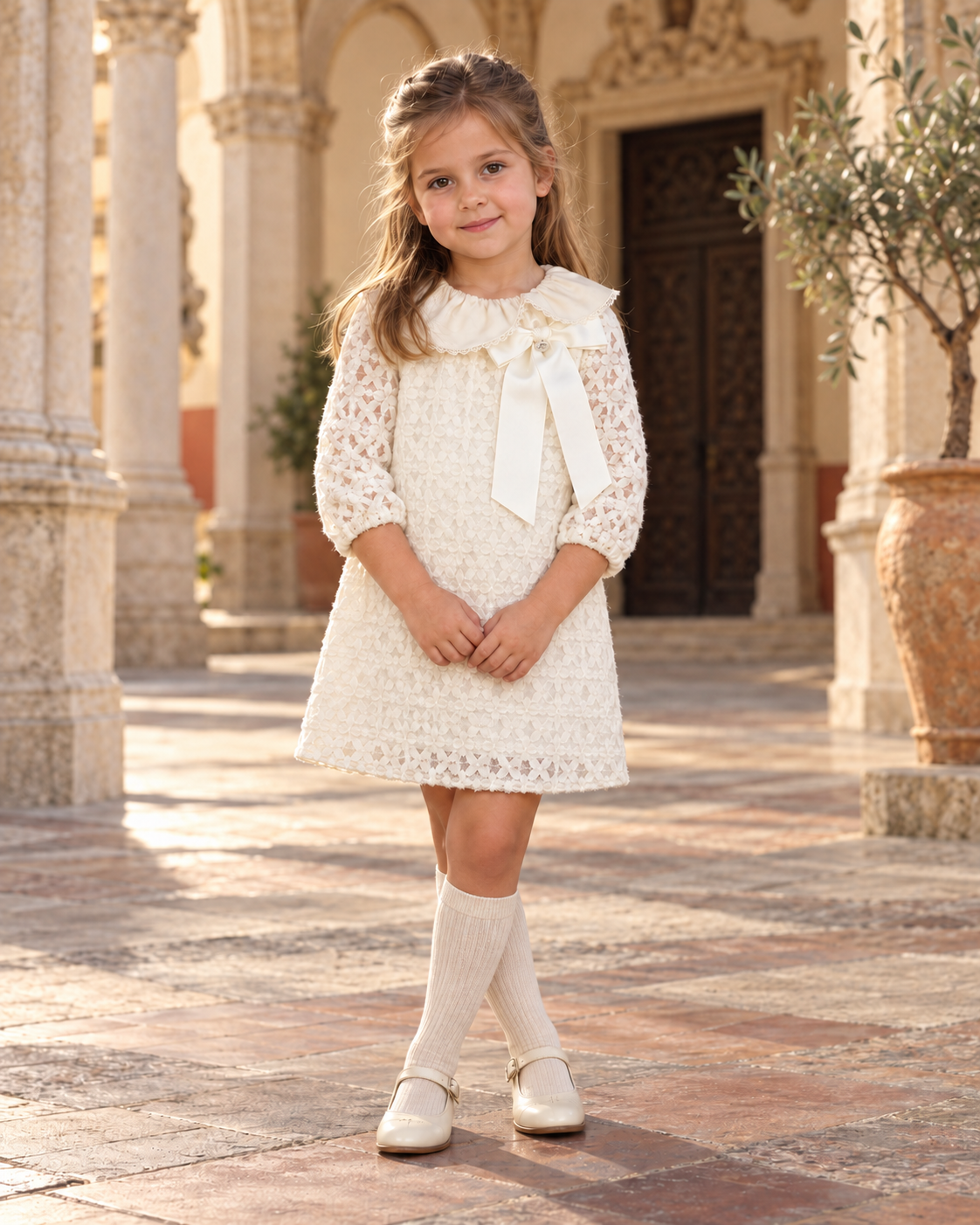 Girl wearing the Foque El Teatro cream lace dress in a historic Spanish courtyard