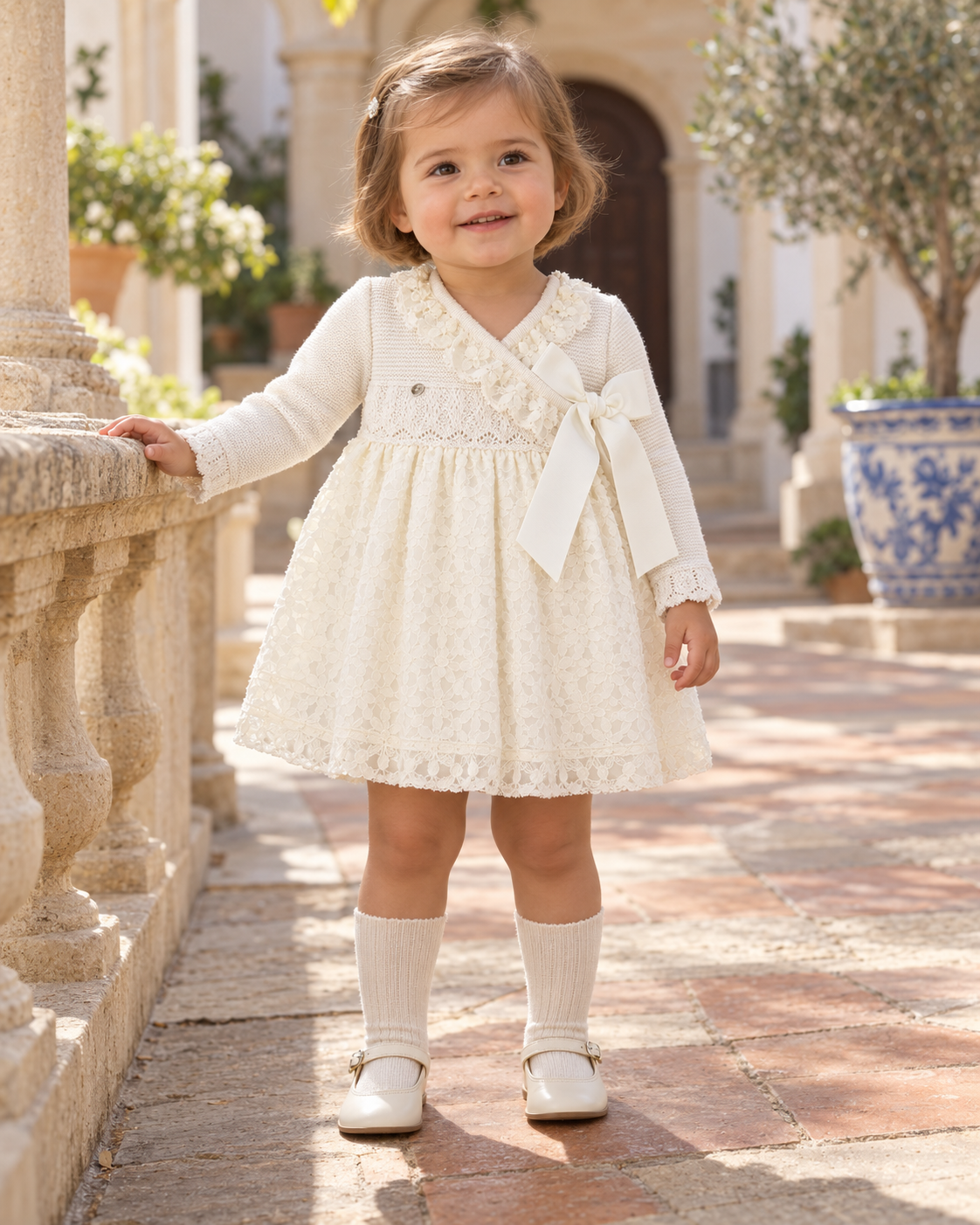 Toddler girl wearing the Foque El Teatro cream lace wrap dress in a Spanish courtyard