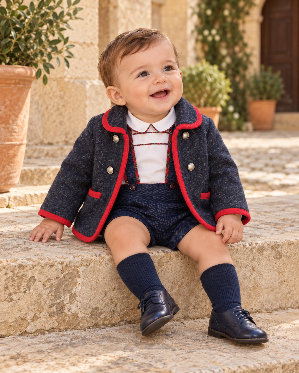 Foque Galletas boys navy and red wool coat styled open with the matching short set