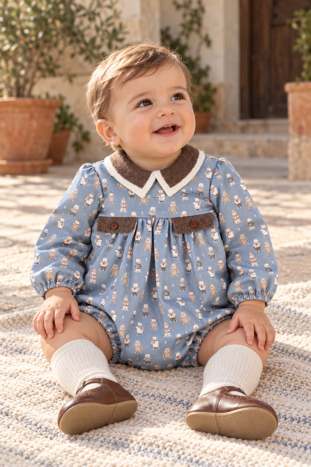 Baby boy wearing the Foque La Cabana blue bear romper in Spain