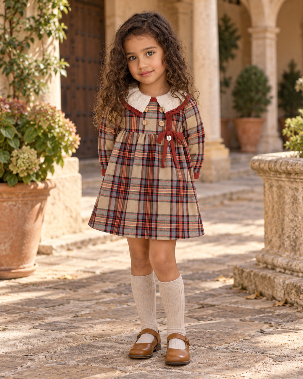Girl wearing the Foque La Calabaza camel check dress in a Spanish courtyard