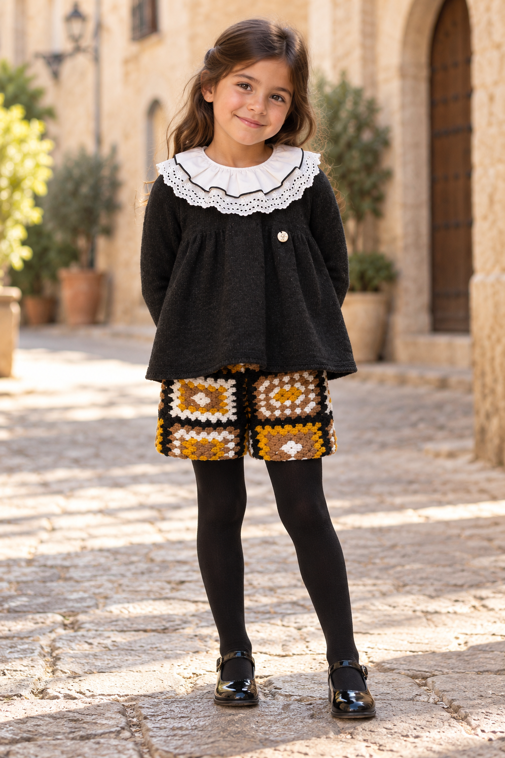 Girl wearing the Foque mustard and black crochet short set in Spain