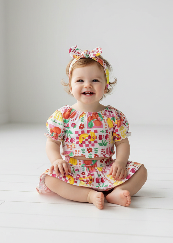 Fruit print crop top, skirt and headband on a baby girl