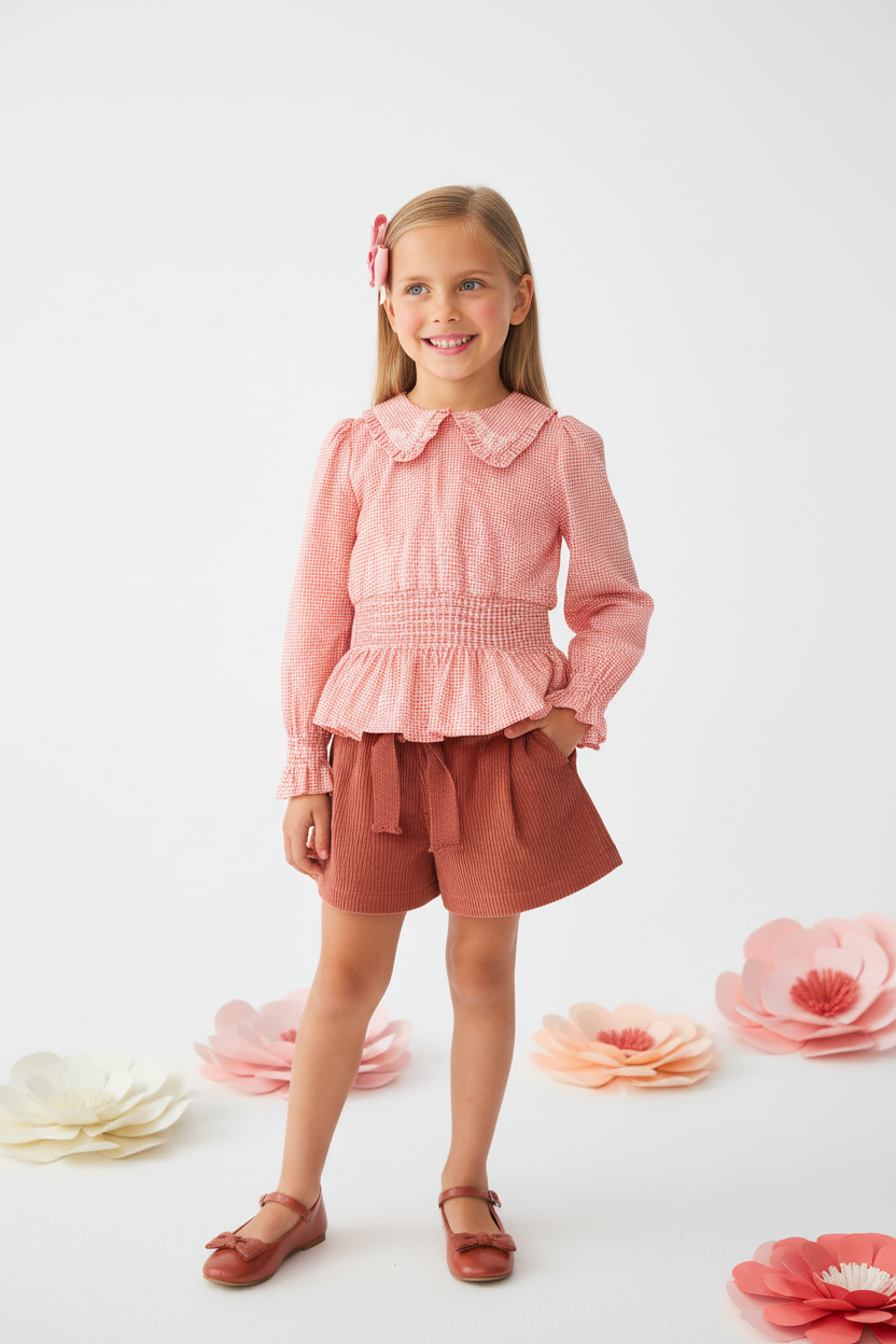 Girl in gingham top and corduroy skort