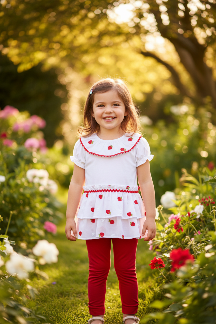 Girl in strawberry top with full frilled collar and red leggings