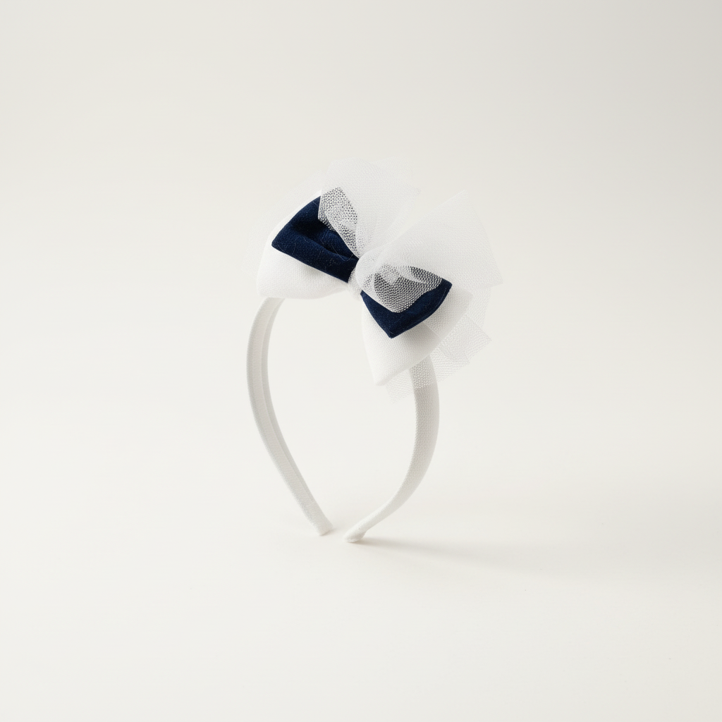 Girls headband with white tulle bow and navy velvet