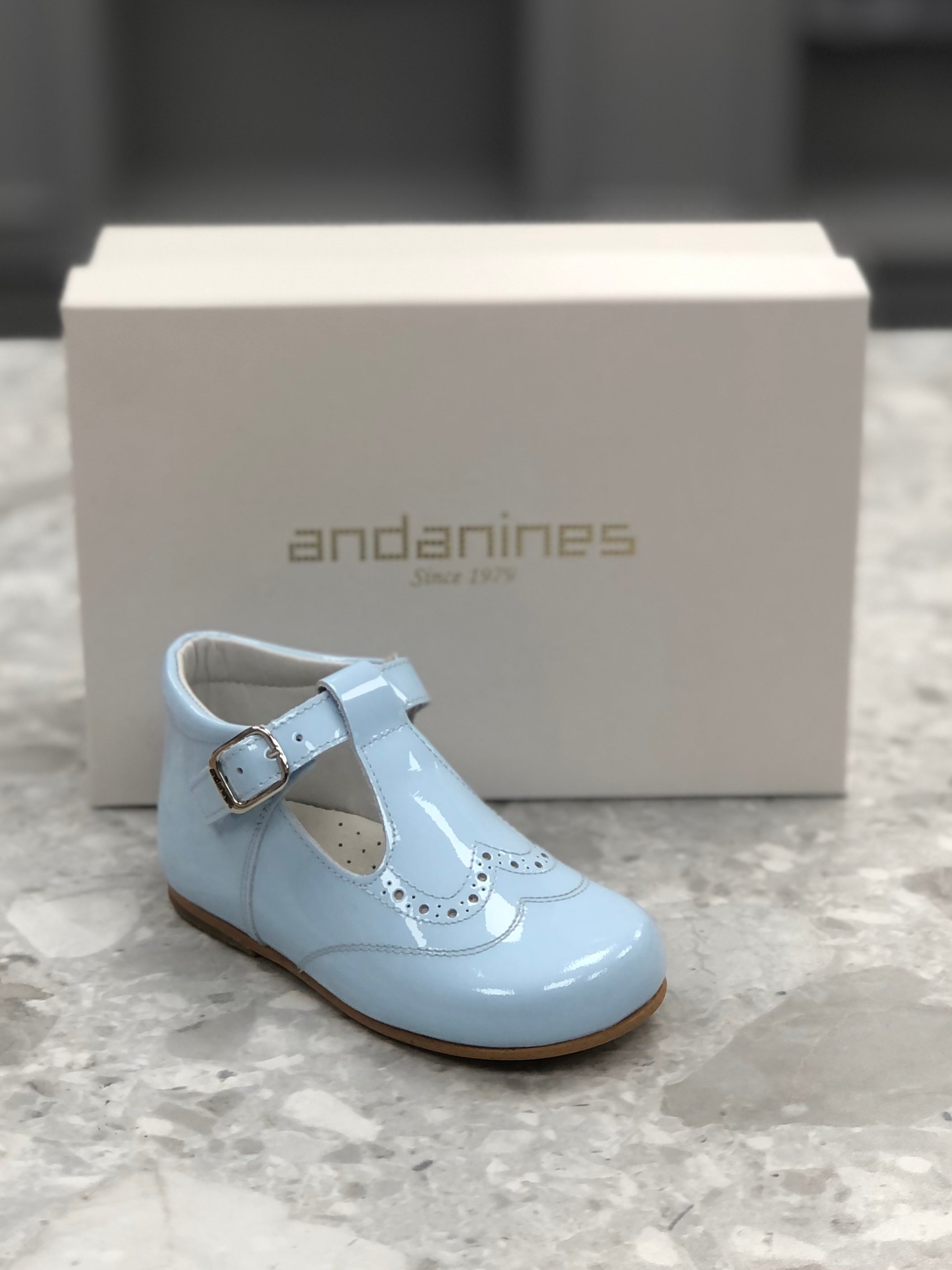 ANDANINES Baby Boys Blue Patent Leather T Bar Shoe