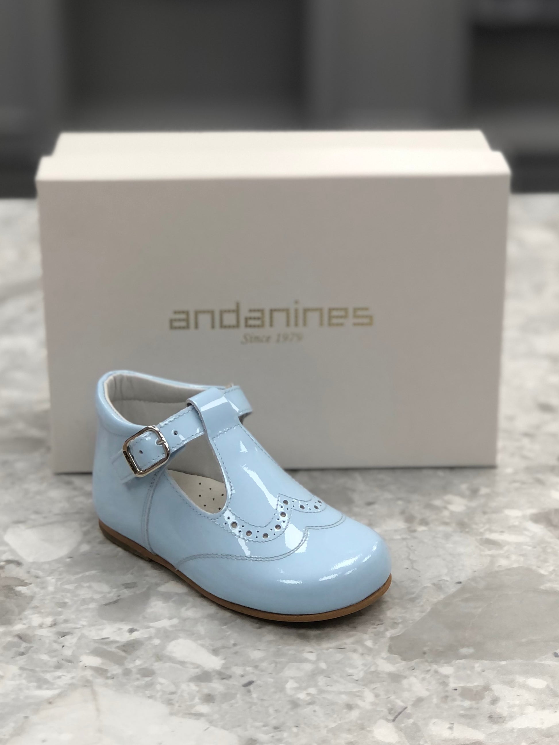 ANDANINES Baby Boys Blue Patent Leather T-Bar Shoe