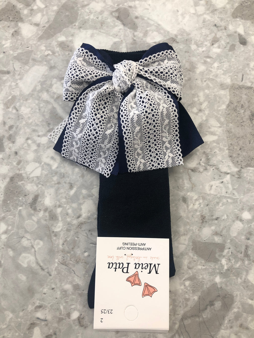 MEIA PATA Satin & Lace Bow Navy Knee High Socks - 1123