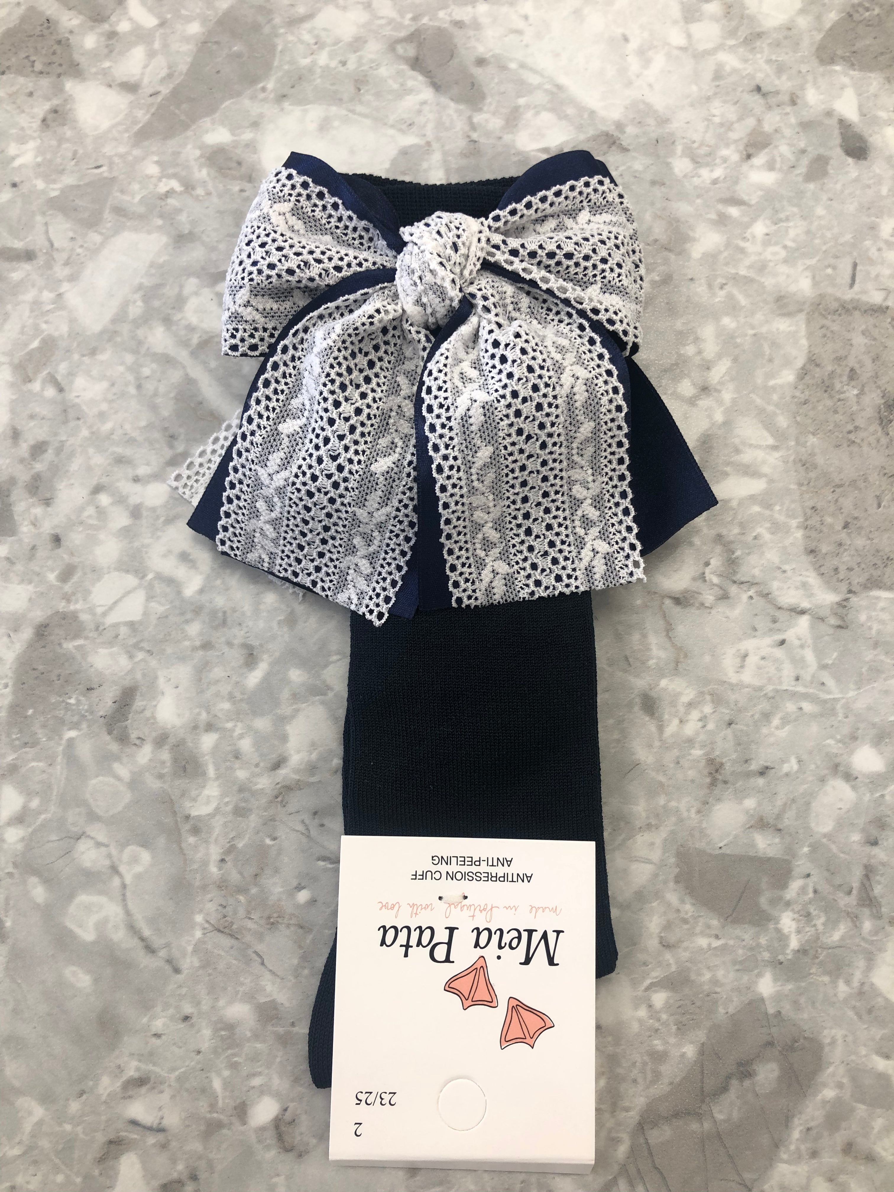 MEIA PATA Satin & Lace Bow Navy Knee High Socks - 1123