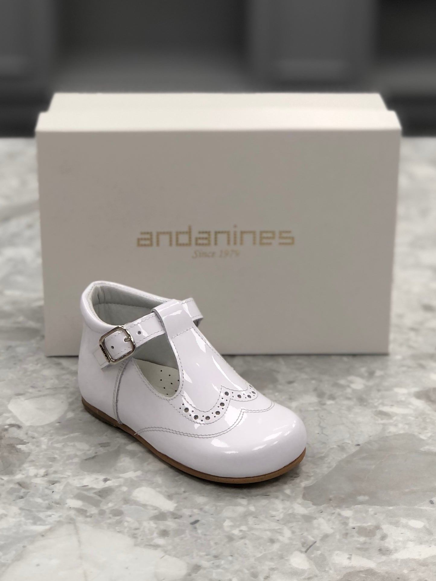 ANDANINES Baby Boys White Patent Leather T-Bar Shoe