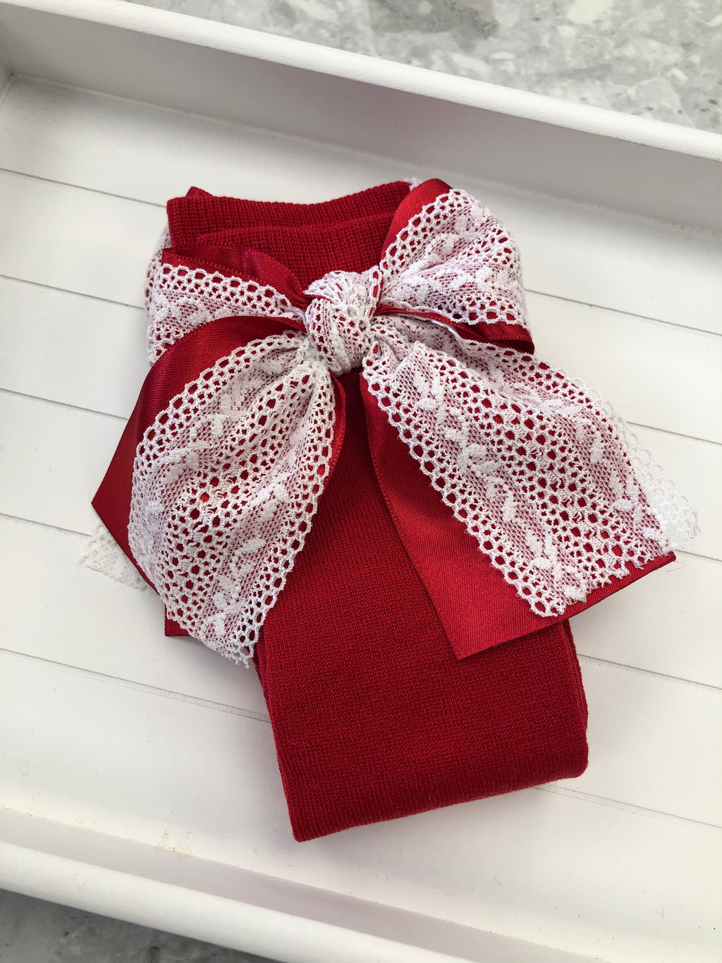 MEIA PATA Satin & Lace Bow Red Knee High Socks - 1123