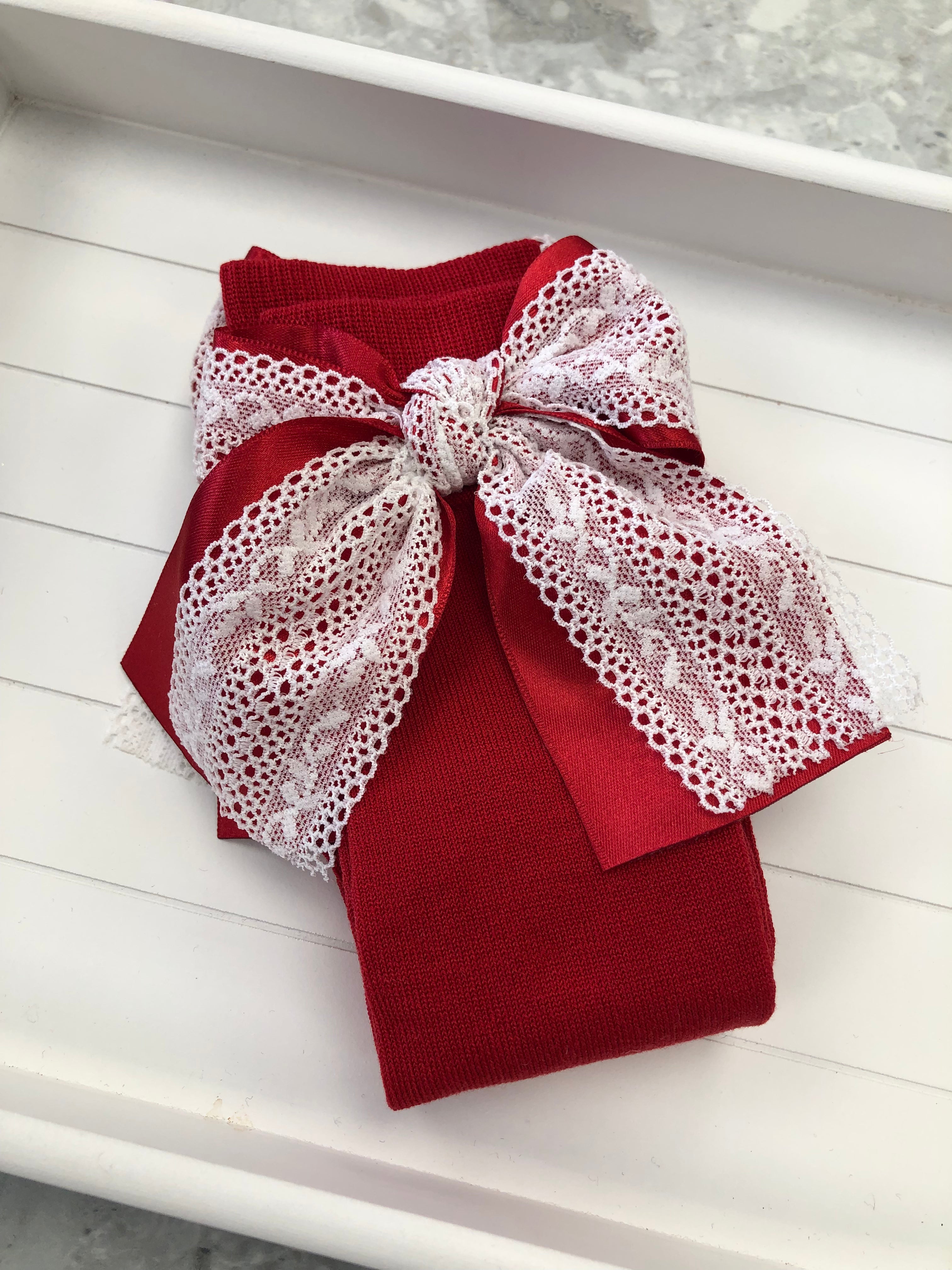 MEIA PATA Satin & Lace Bow Red Knee High Socks - 1123