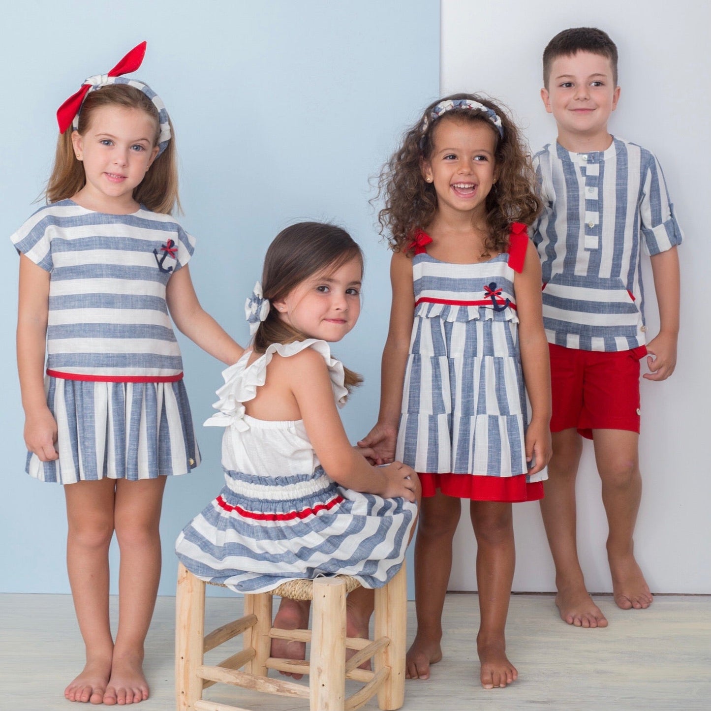 BASMARTI Gladstone Girls Nautical Stripe Linen Frill Dress - 21110
