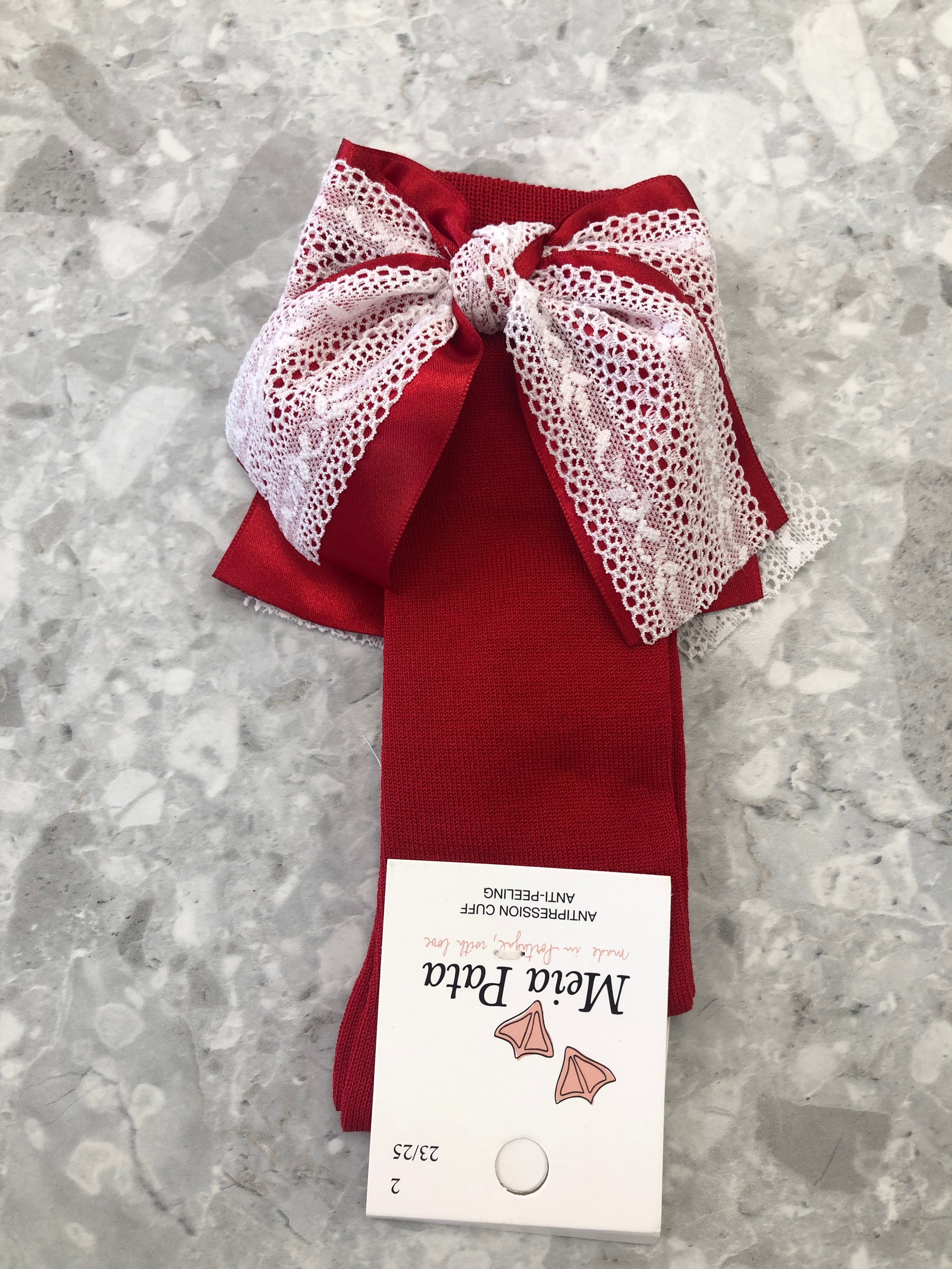MEIA PATA Satin & Lace Bow Red Knee High Socks - 1123