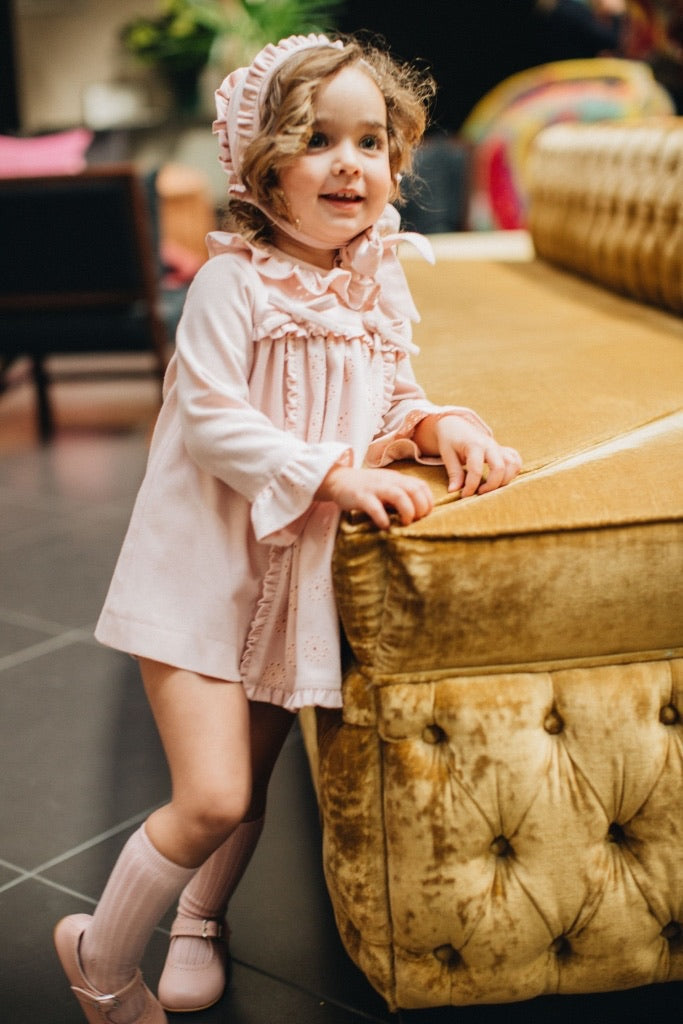 JOSE VARON Baby Girls Dusky Pink Dress with Bonnet & Bloomers