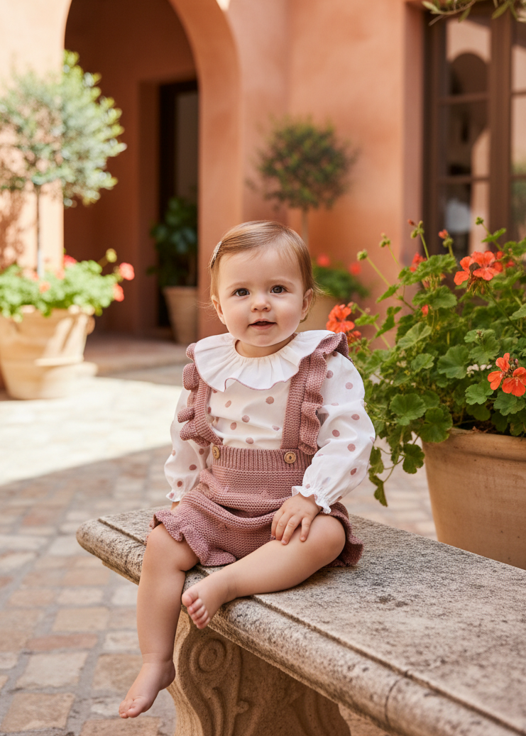 JOSE VARON Girls Rose Pink Polka Dot Blouse & Romper Set