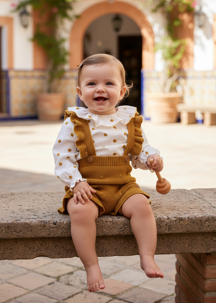 JOSE VARON Girls Mustard Polka Dot Blouse & Romper Set