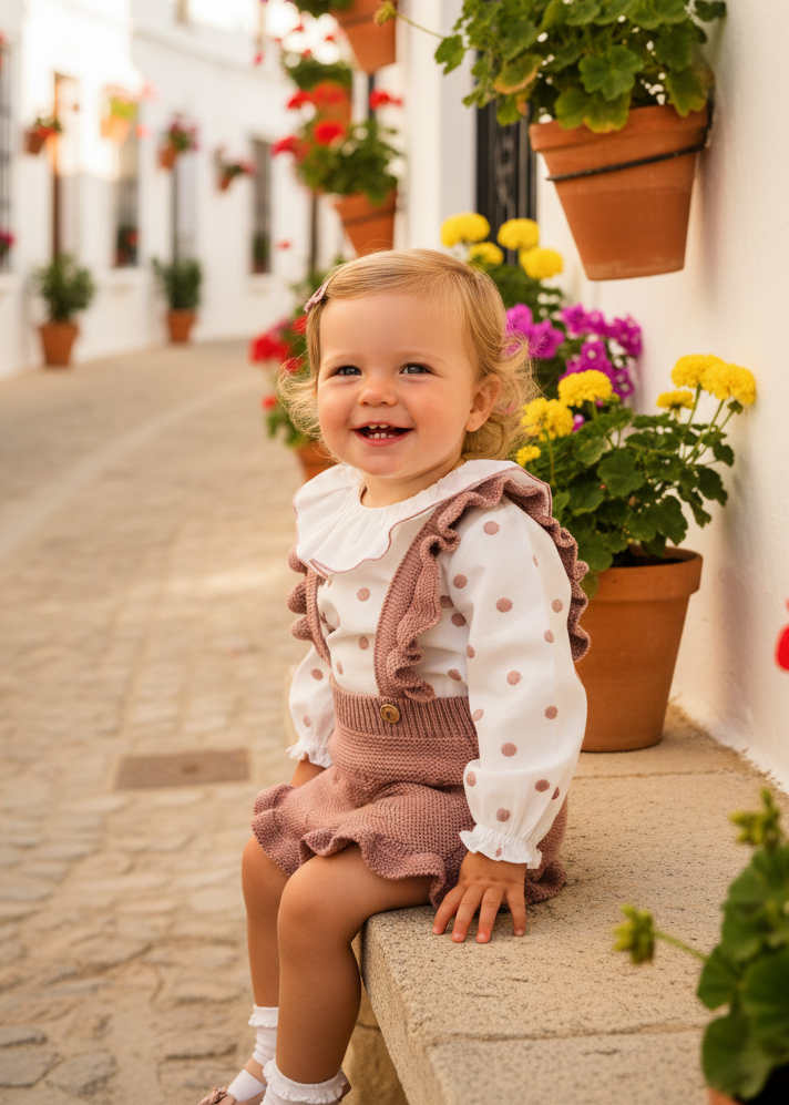 JOSE VARON Girls Rose Pink Polka Dot Blouse & Romper Set