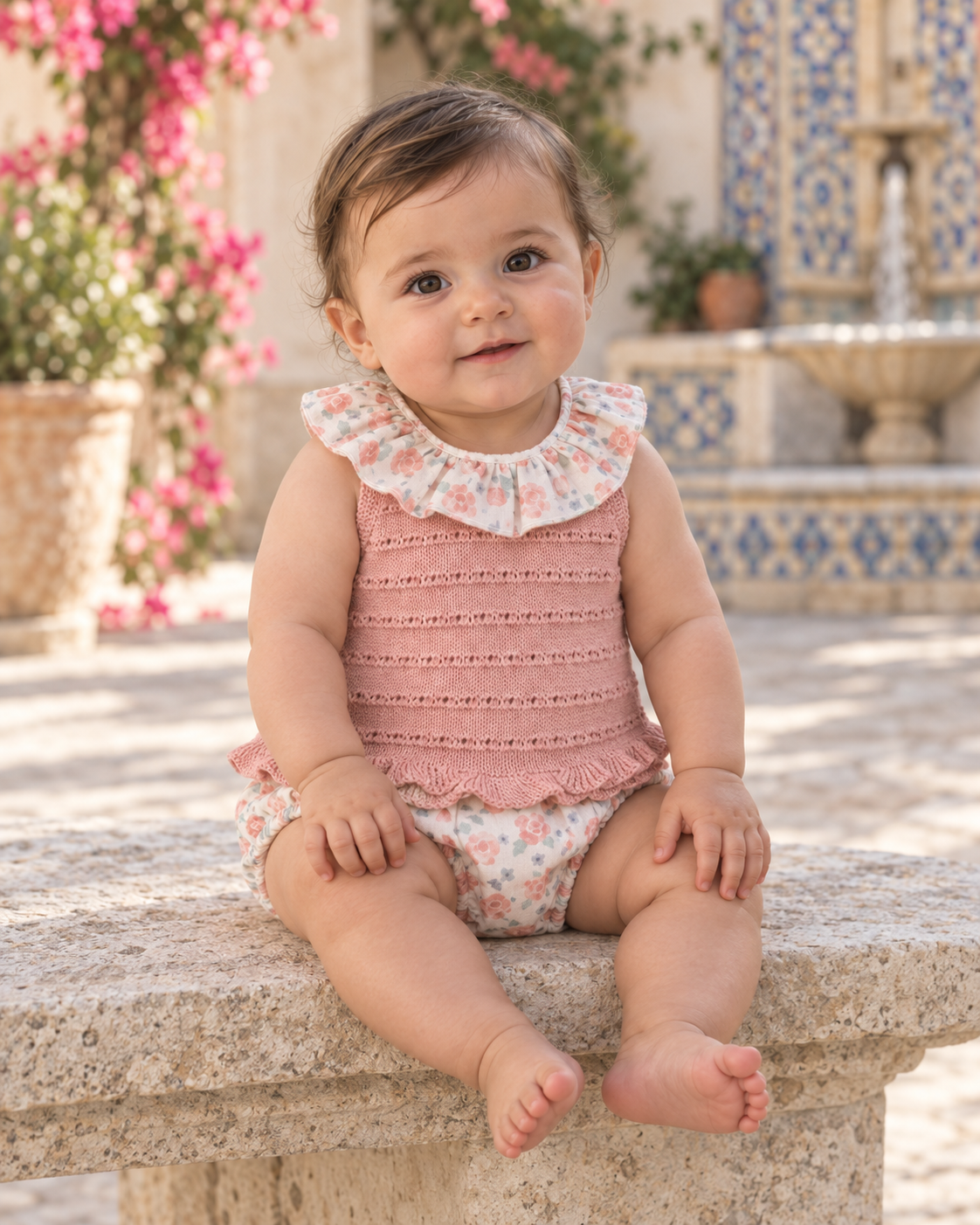 Baby girl wearing the Juliana Arandano dusty peach knitted top and floral jam pants in a Spanish courtyard