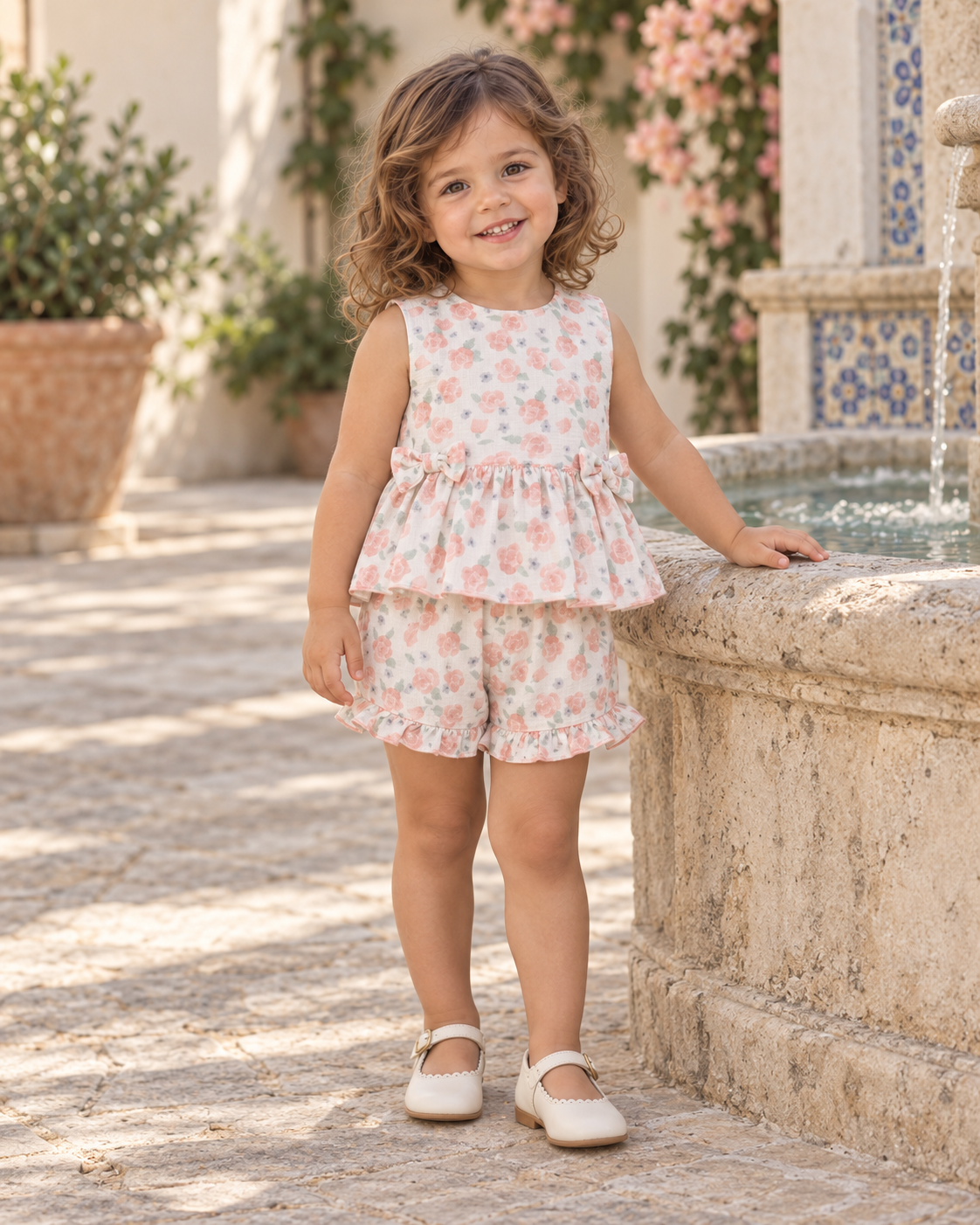 Girl wearing the Juliana Arandano peach rose floral peplum top and matching ruffle shorts in a Spanish courtyard