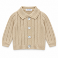 Juliana Avellana boys beige collared knitted cardigan with four shell buttons, flat lay.