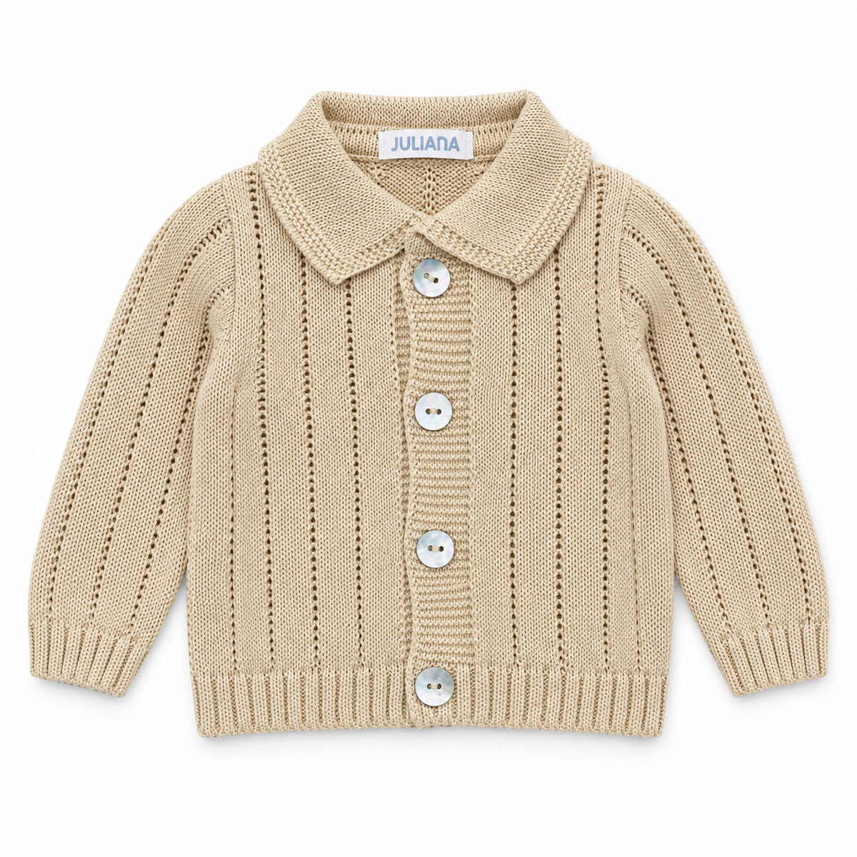 Juliana Avellana boys beige collared knitted cardigan with four shell buttons, flat lay.