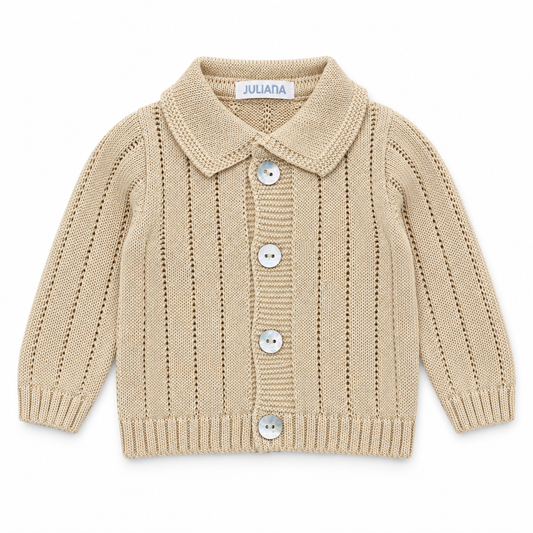 Juliana Avellana boys beige collared knitted cardigan with four shell buttons, flat lay.