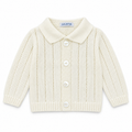 Juliana Avellana boys cream collared knitted cardigan with four shell buttons, flat lay.